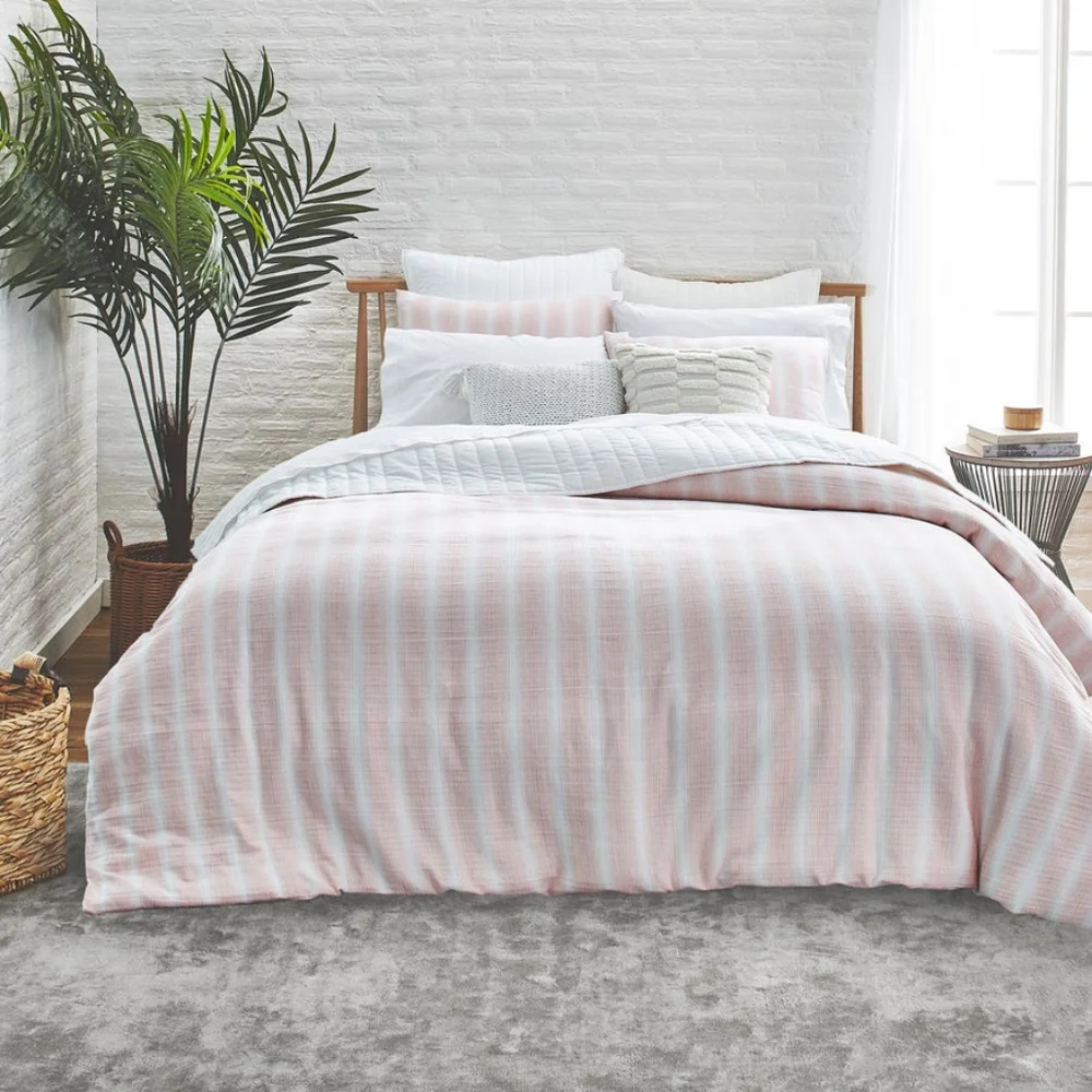3Pc Splended Home Capitola Pink & White Striped Queen Duvet & Pillowcase Set